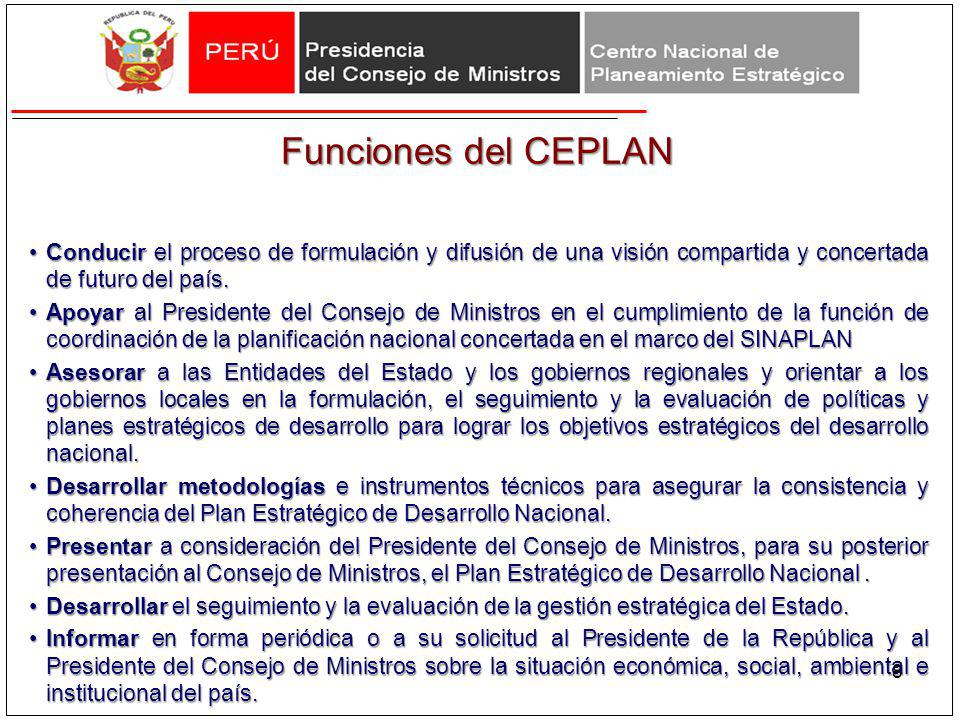 Funciones del CEPLAN Conducir el proceso de formulación y difusión de una visión compartida y concertada de futuro del país.