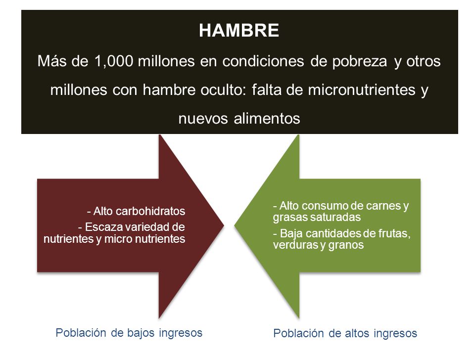 HAMBRE Más de 1,000 millones en condiciones de pobreza y otros millones con hambre oculto: falta de micronutrientes y nuevos alimentos.