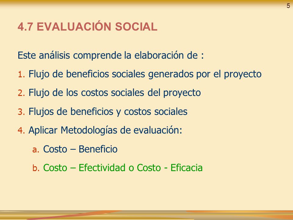 4.7 EVALUACIÓN SOCIAL Este análisis comprende la elaboración de :