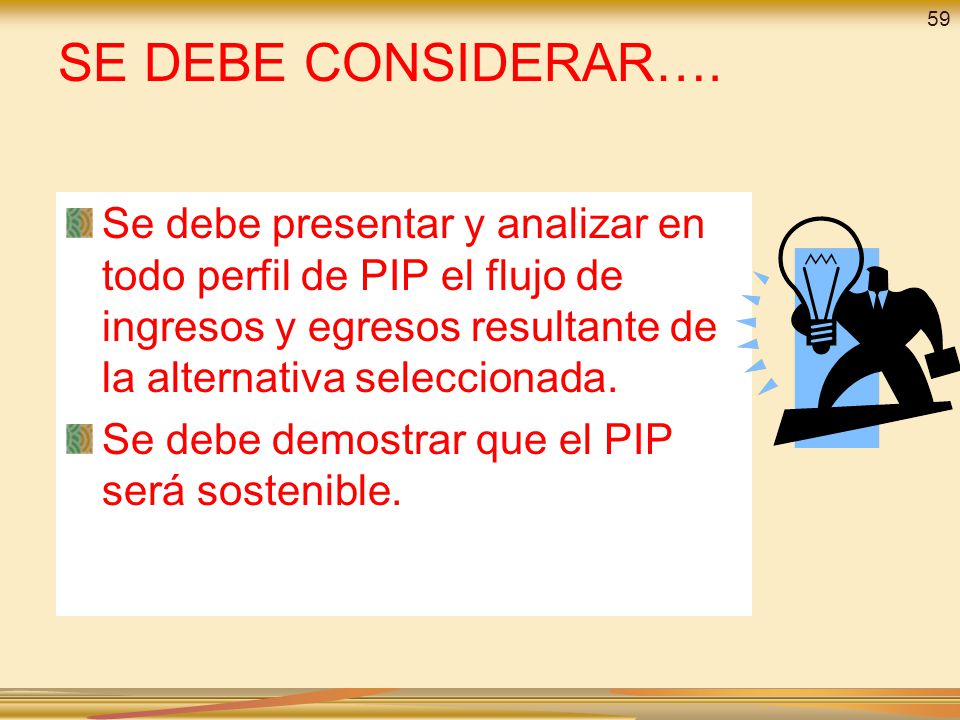 59 SE DEBE CONSIDERAR…. Se debe presentar y analizar en todo perfil de PIP el flujo de ingresos y egresos resultante de la alternativa seleccionada.