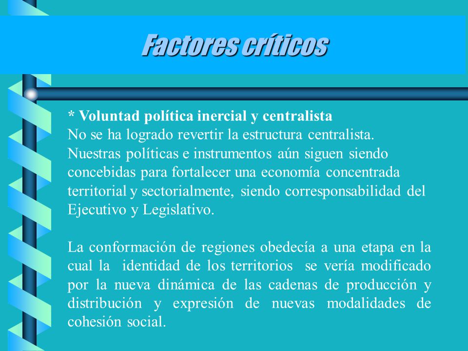 Factores críticos * Voluntad política inercial y centralista