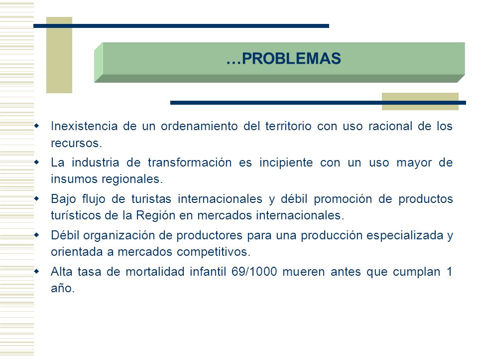 …PROBLEMAS Inexistencia de un ordenamiento del territorio con uso racional de los recursos.