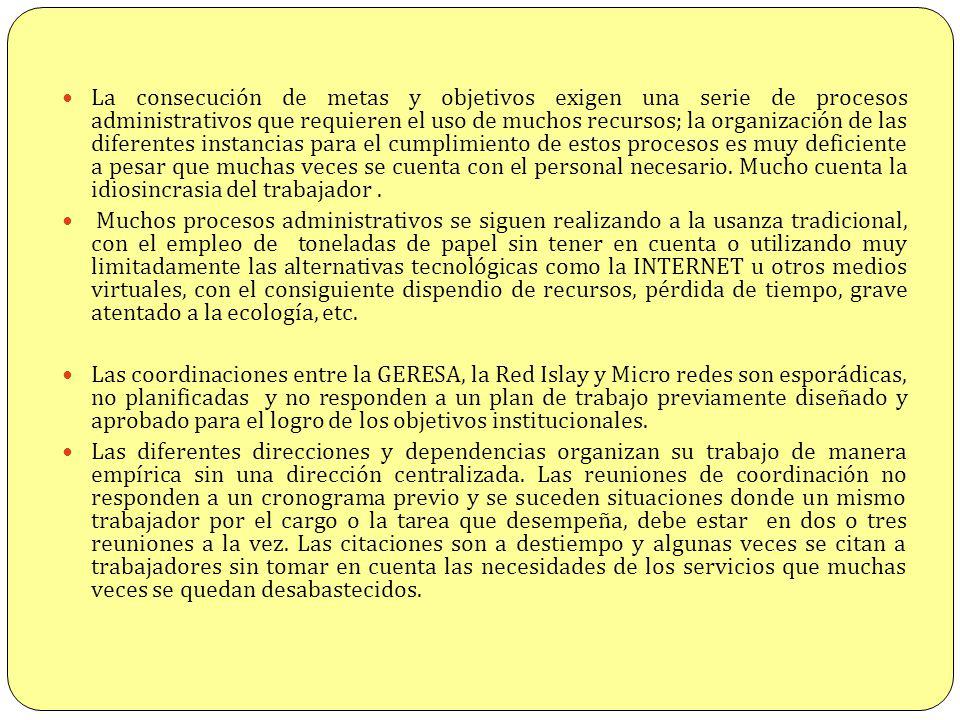 La consecución de metas y objetivos exigen una serie de procesos administrativos que requieren el uso de muchos recursos; la organización de las diferentes instancias para el cumplimiento de estos procesos es muy deficiente a pesar que muchas veces se cuenta con el personal necesario. Mucho cuenta la idiosincrasia del trabajador .