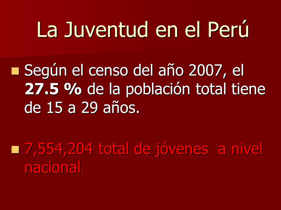 La Juventud en el Perú Según el censo del año 2007, el 27.5 % de la población total tiene de 15 a 29 años.