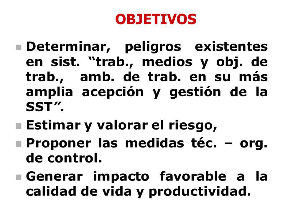 OBJETIVOS Determinar, peligros existentes en sist. trab., medios y obj. de trab., amb. de trab. en su más amplia acepción y gestión de la SST .