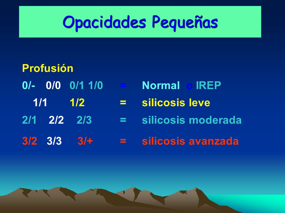 Opacidades Pequeñas Profusión 0/- 0/0 0/1 1/0 = Normal o IREP