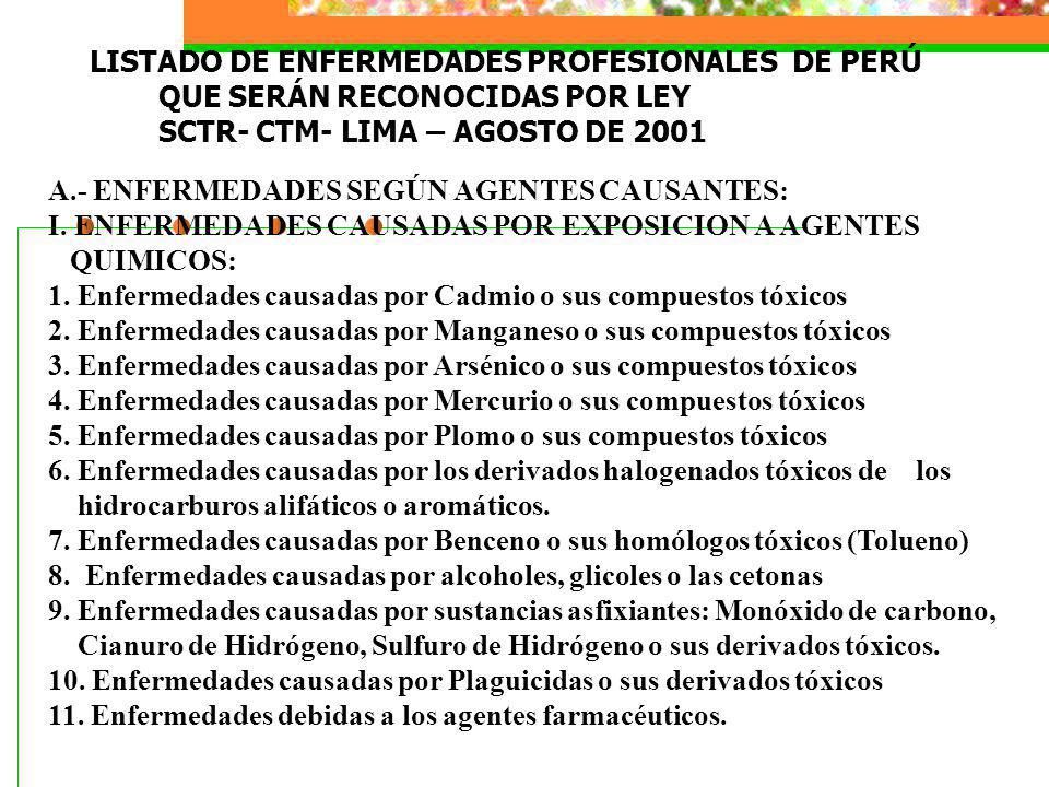 LISTADO DE ENFERMEDADES PROFESIONALES DE PERÚ QUE SERÁN RECONOCIDAS POR LEY SCTR- CTM- LIMA – AGOSTO DE 2001