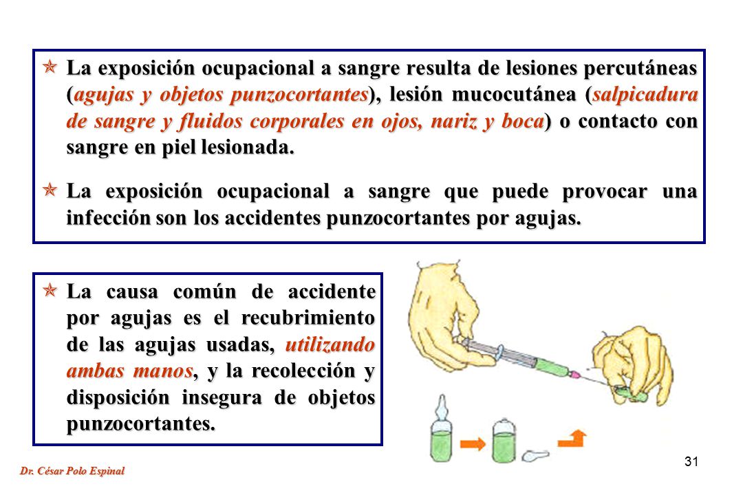 La exposición ocupacional a sangre resulta de lesiones percutáneas (agujas y objetos punzocortantes), lesión mucocutánea (salpicadura de sangre y fluidos corporales en ojos, nariz y boca) o contacto con sangre en piel lesionada.