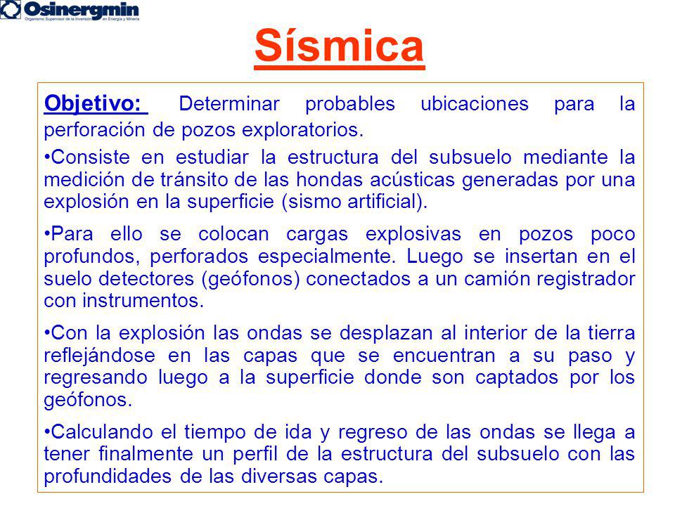Sísmica Objetivo: Determinar probables ubicaciones para la perforación de pozos exploratorios.