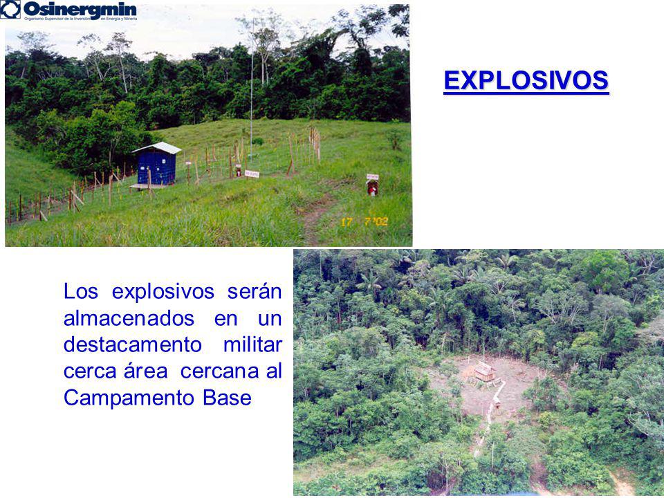 EXPLOSIVOS Los explosivos serán almacenados en un destacamento militar cerca área cercana al Campamento Base.
