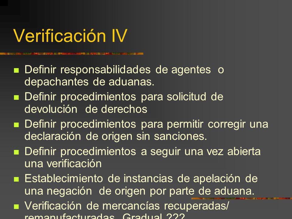 Verificación IV Definir responsabilidades de agentes o depachantes de aduanas. Definir procedimientos para solicitud de devolución de derechos.