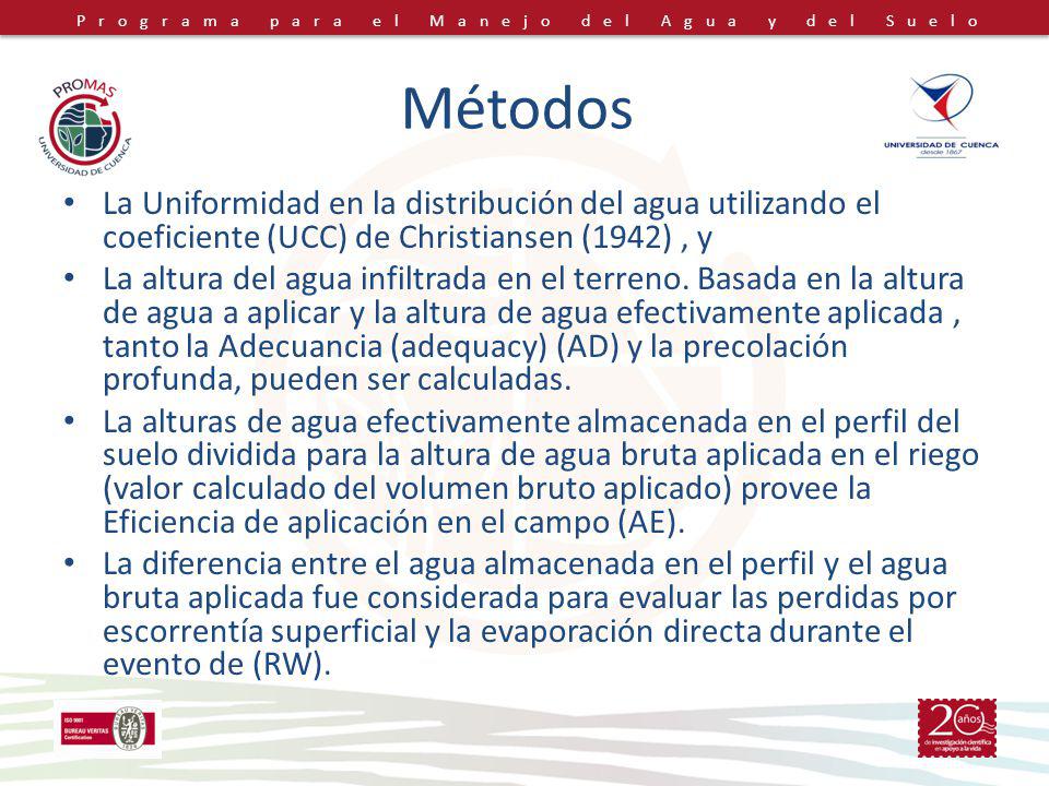 Métodos La Uniformidad en la distribución del agua utilizando el coeficiente (UCC) de Christiansen (1942) , y.