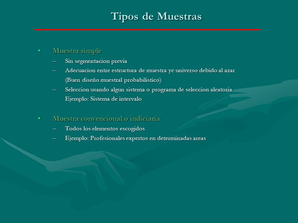 Tipos de Muestras Muestra simple Muestra convencional o indiciaria