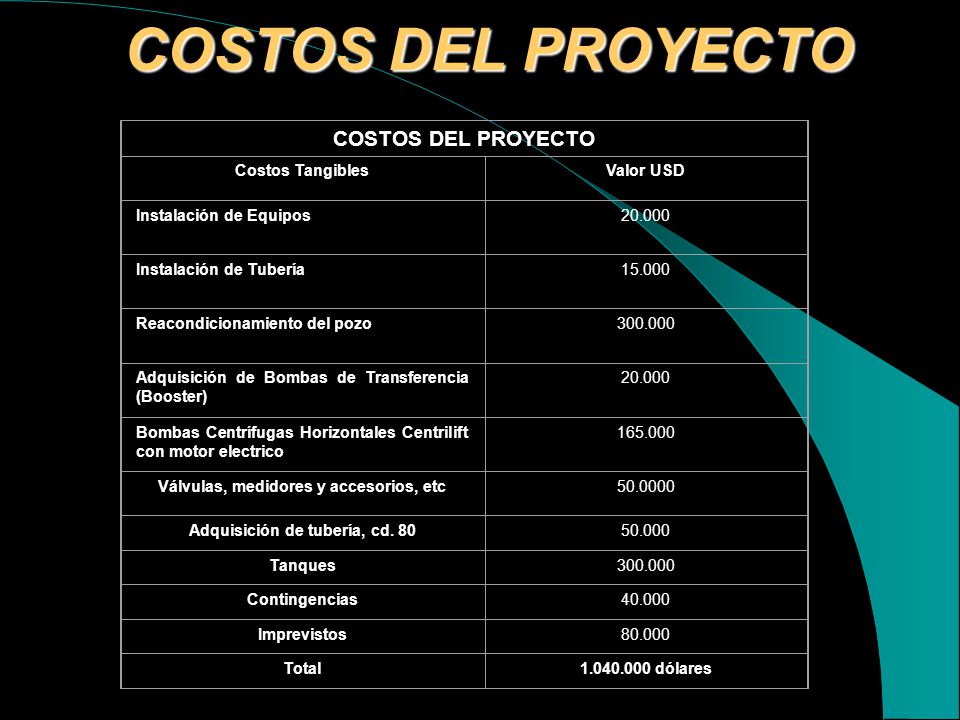 COSTOS DEL PROYECTO COSTOS DEL PROYECTO Costos Tangibles Valor USD