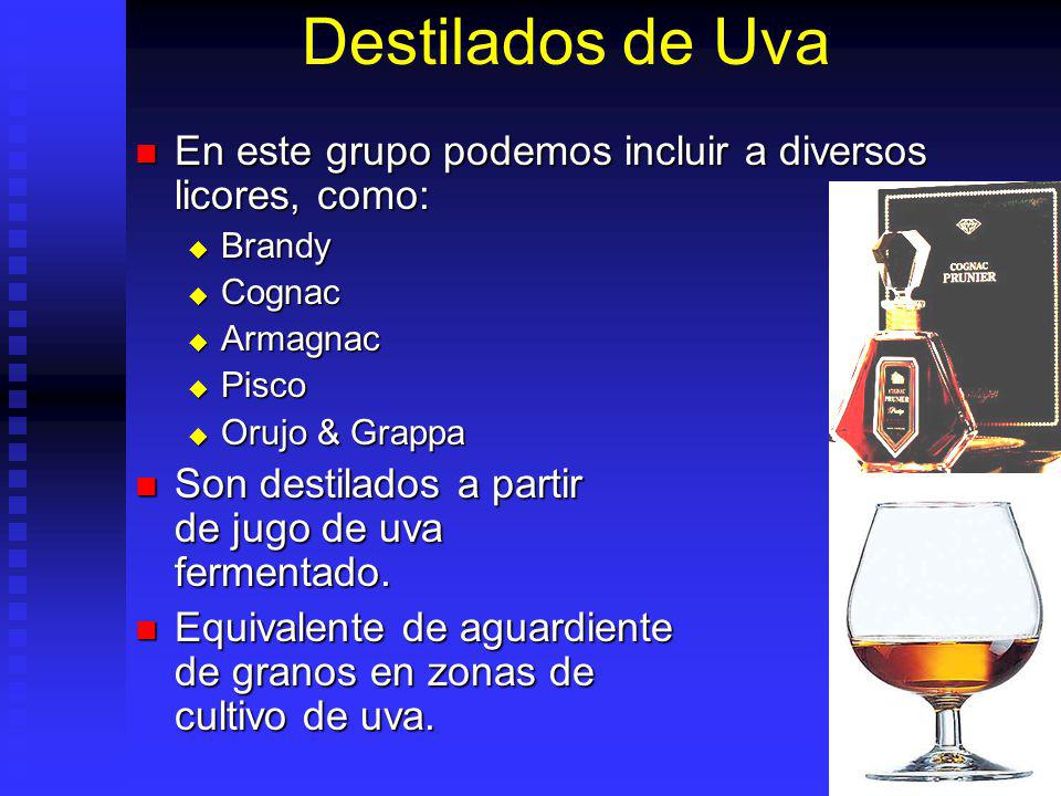 Destilados de Uva En este grupo podemos incluir a diversos licores, como: Brandy. Cognac. Armagnac.