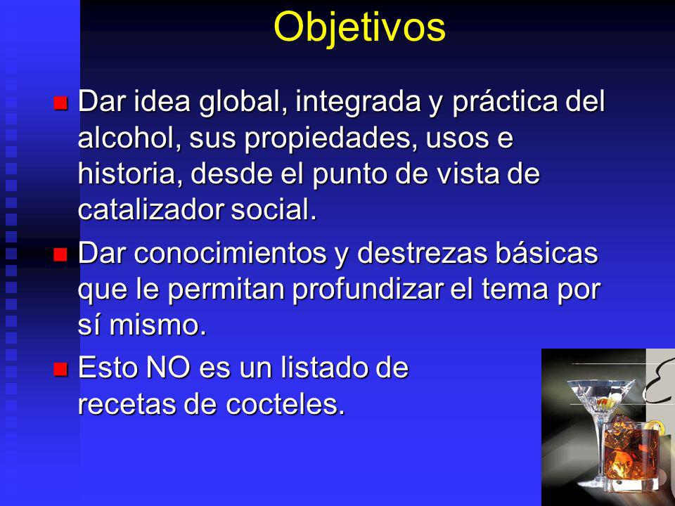 Objetivos Dar idea global, integrada y práctica del alcohol, sus propiedades, usos e historia, desde el punto de vista de catalizador social.