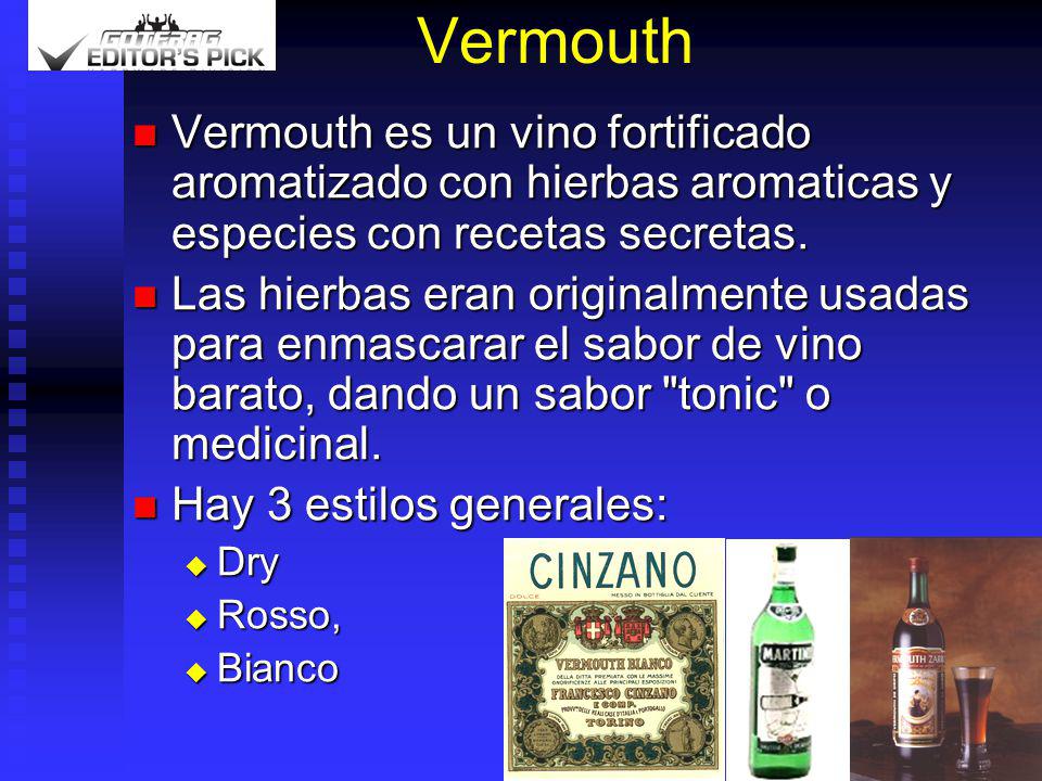 Vermouth Vermouth es un vino fortificado aromatizado con hierbas aromaticas y especies con recetas secretas.
