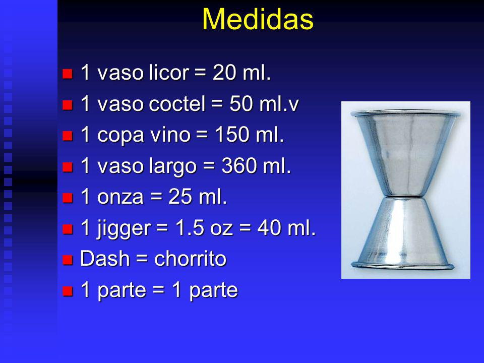 Medidas 1 vaso licor = 20 ml. 1 vaso coctel = 50 ml.v