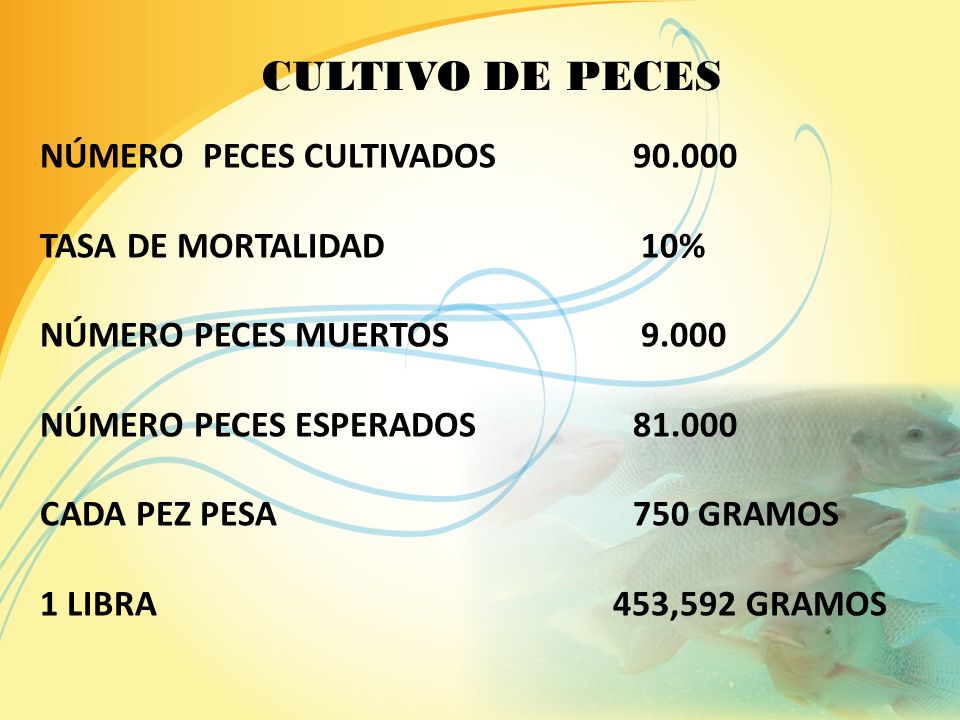 CULTIVO DE PECES NÚMERO PECES CULTIVADOS TASA DE MORTALIDAD 10%