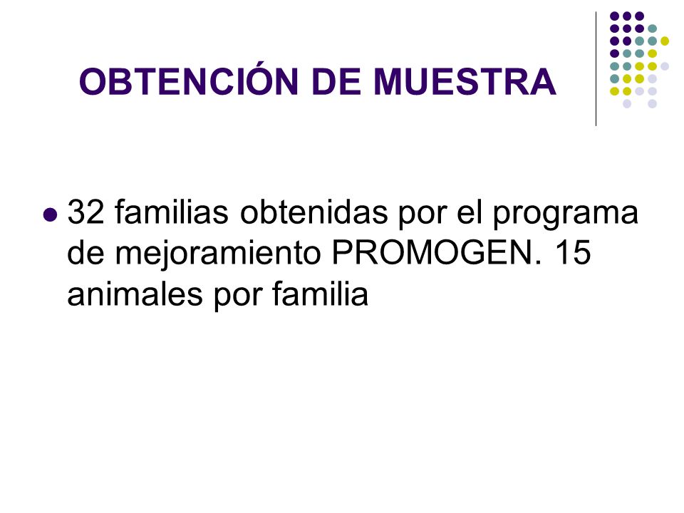 OBTENCIÓN DE MUESTRA 32 familias obtenidas por el programa de mejoramiento PROMOGEN.