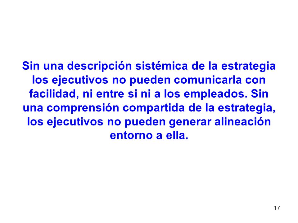 Sin una descripción sistémica de la estrategia los ejecutivos no pueden comunicarla con facilidad, ni entre si ni a los empleados. Sin una comprensión compartida de la estrategia, los ejecutivos no pueden generar alineación entorno a ella.