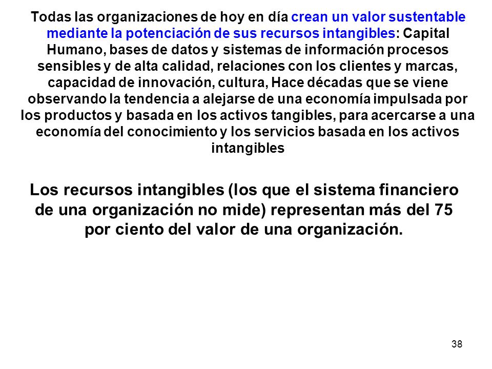 Todas las organizaciones de hoy en día crean un valor sustentable mediante la potenciación de sus recursos intangibles: Capital Humano, bases de datos y sistemas de información procesos sensibles y de alta calidad, relaciones con los clientes y marcas, capacidad de innovación, cultura, Hace décadas que se viene observando la tendencia a alejarse de una economía impulsada por los productos y basada en los activos tangibles, para acercarse a una economía del conocimiento y los servicios basada en los activos intangibles