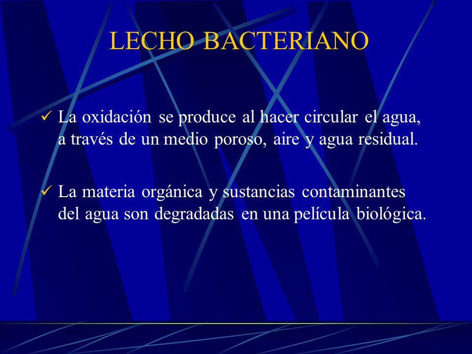 LECHO BACTERIANO La oxidación se produce al hacer circular el agua, a través de un medio poroso, aire y agua residual.