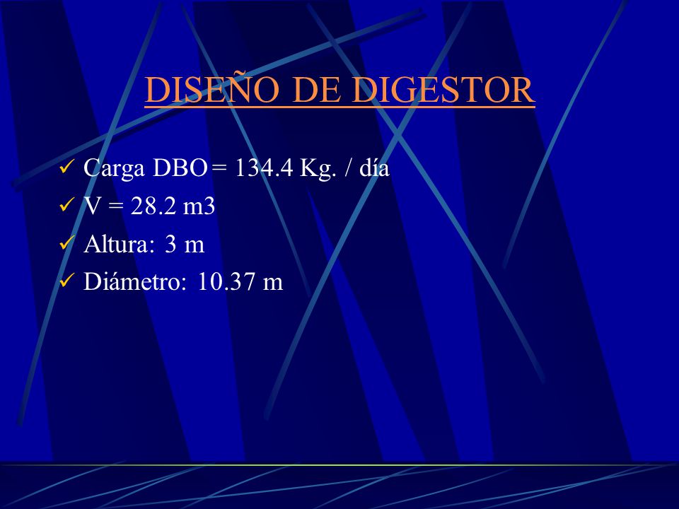 DISEÑO DE DIGESTOR Carga DBO = Kg. / día V = 28.2 m3 Altura: 3 m