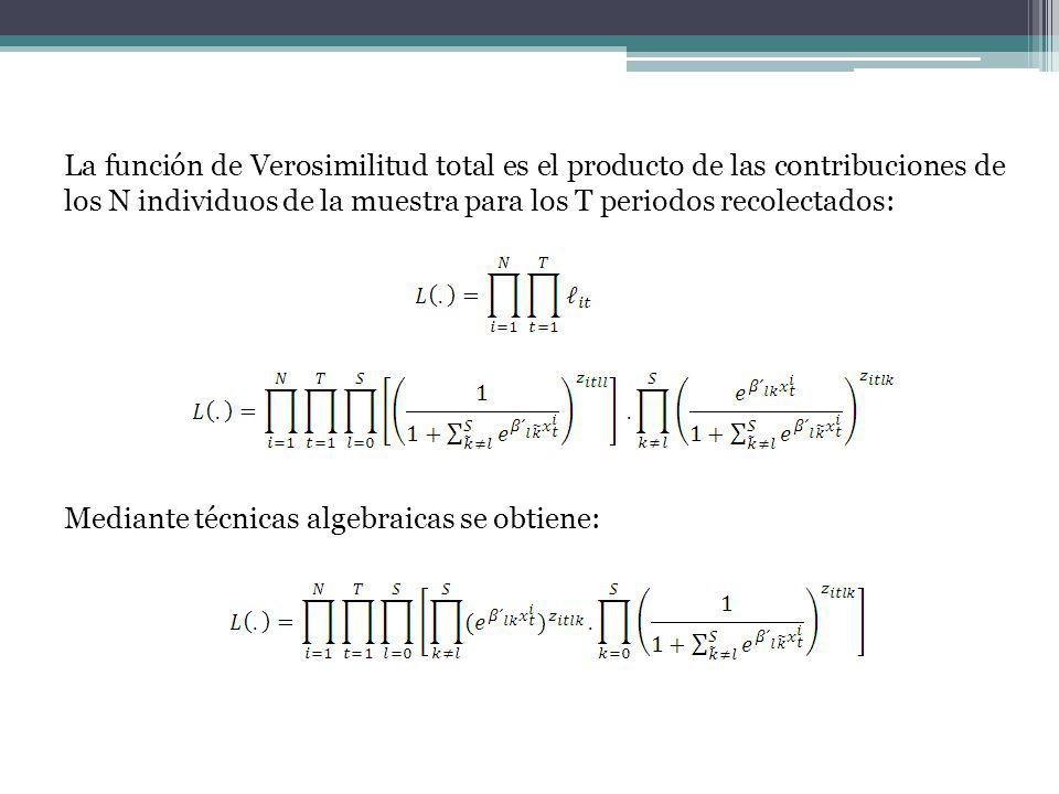 La función de Verosimilitud total es el producto de las contribuciones de los N individuos de la muestra para los T periodos recolectados: