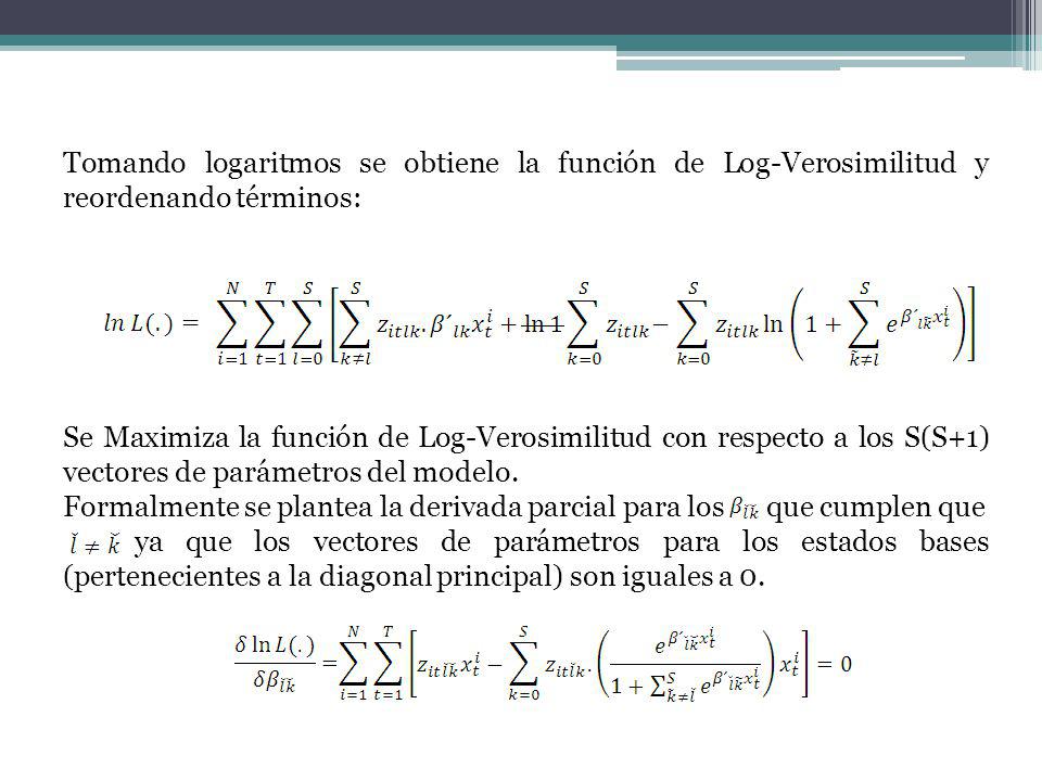 Tomando logaritmos se obtiene la función de Log-Verosimilitud y reordenando términos: