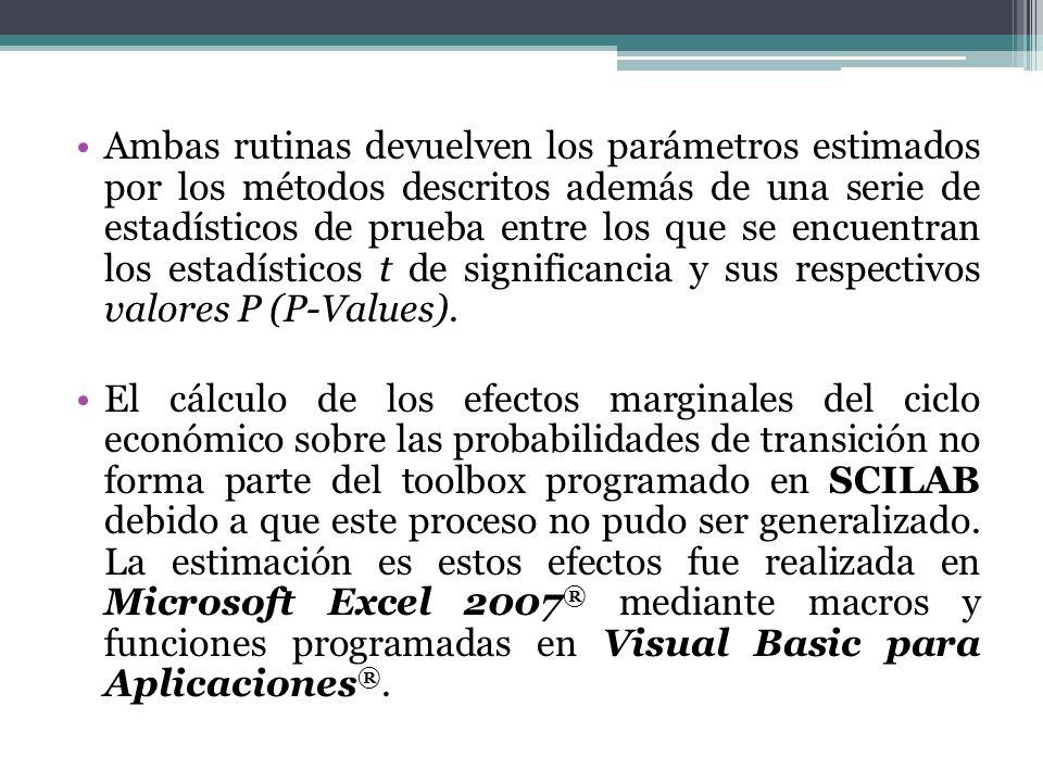 Ambas rutinas devuelven los parámetros estimados por los métodos descritos además de una serie de estadísticos de prueba entre los que se encuentran los estadísticos t de significancia y sus respectivos valores P (P-Values).