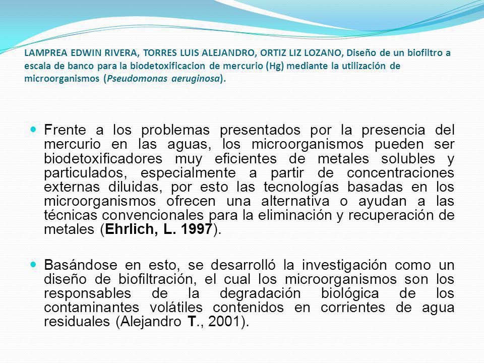 LAMPREA EDWIN RIVERA, TORRES LUIS ALEJANDRO, ORTIZ LIZ LOZANO, Diseño de un biofiltro a escala de banco para la biodetoxificacion de mercurio (Hg) mediante la utilización de microorganismos (Pseudomonas aeruginosa).