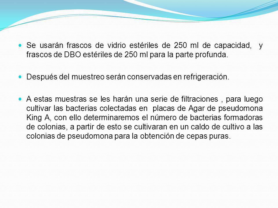Se usarán frascos de vidrio estériles de 250 ml de capacidad, y frascos de DBO estériles de 250 ml para la parte profunda.