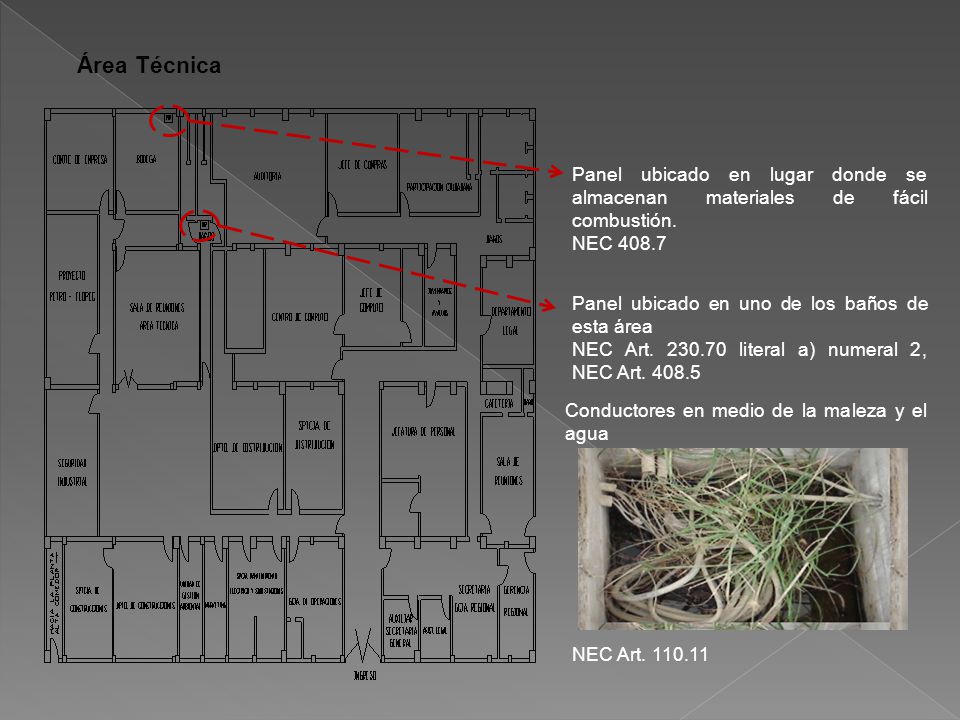Área Técnica Panel ubicado en lugar donde se almacenan materiales de fácil combustión. NEC