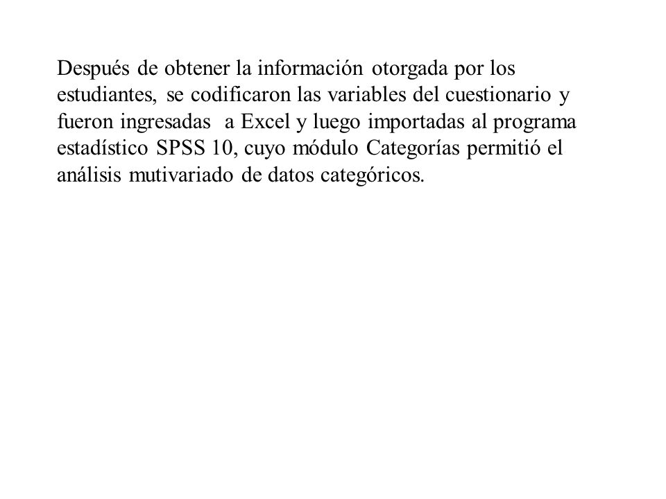 Después de obtener la información otorgada por los estudiantes, se codificaron las variables del cuestionario y fueron ingresadas a Excel y luego importadas al programa estadístico SPSS 10, cuyo módulo Categorías permitió el análisis mutivariado de datos categóricos.