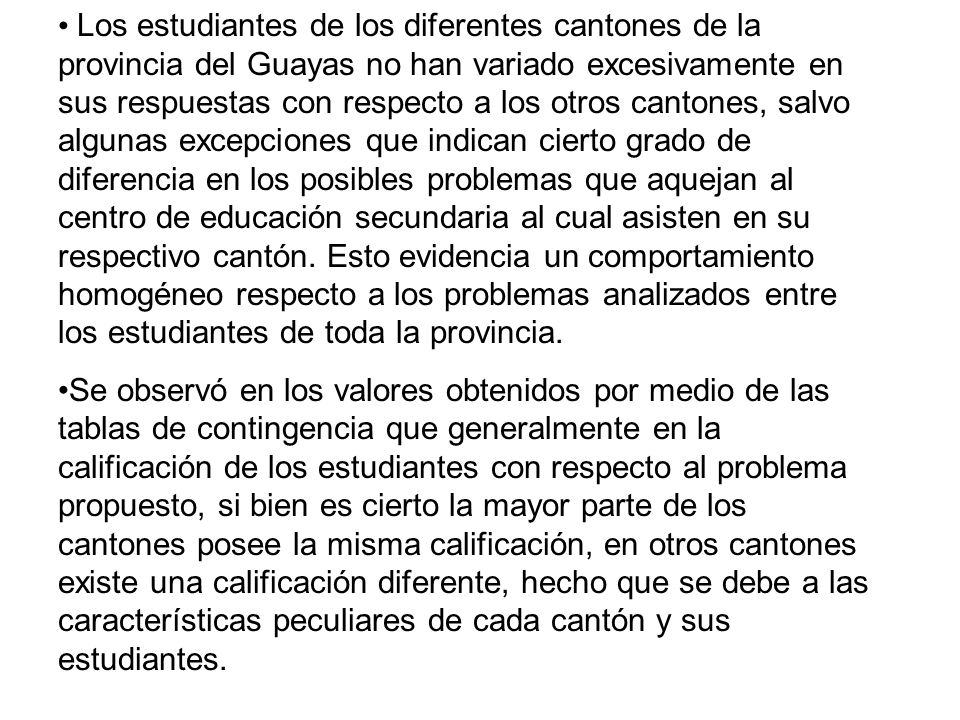 Los estudiantes de los diferentes cantones de la provincia del Guayas no han variado excesivamente en sus respuestas con respecto a los otros cantones, salvo algunas excepciones que indican cierto grado de diferencia en los posibles problemas que aquejan al centro de educación secundaria al cual asisten en su respectivo cantón. Esto evidencia un comportamiento homogéneo respecto a los problemas analizados entre los estudiantes de toda la provincia.