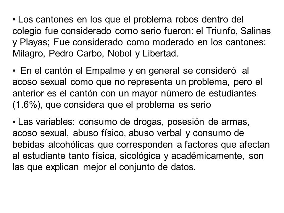 Los cantones en los que el problema robos dentro del colegio fue considerado como serio fueron: el Triunfo, Salinas y Playas; Fue considerado como moderado en los cantones: Milagro, Pedro Carbo, Nobol y Libertad.