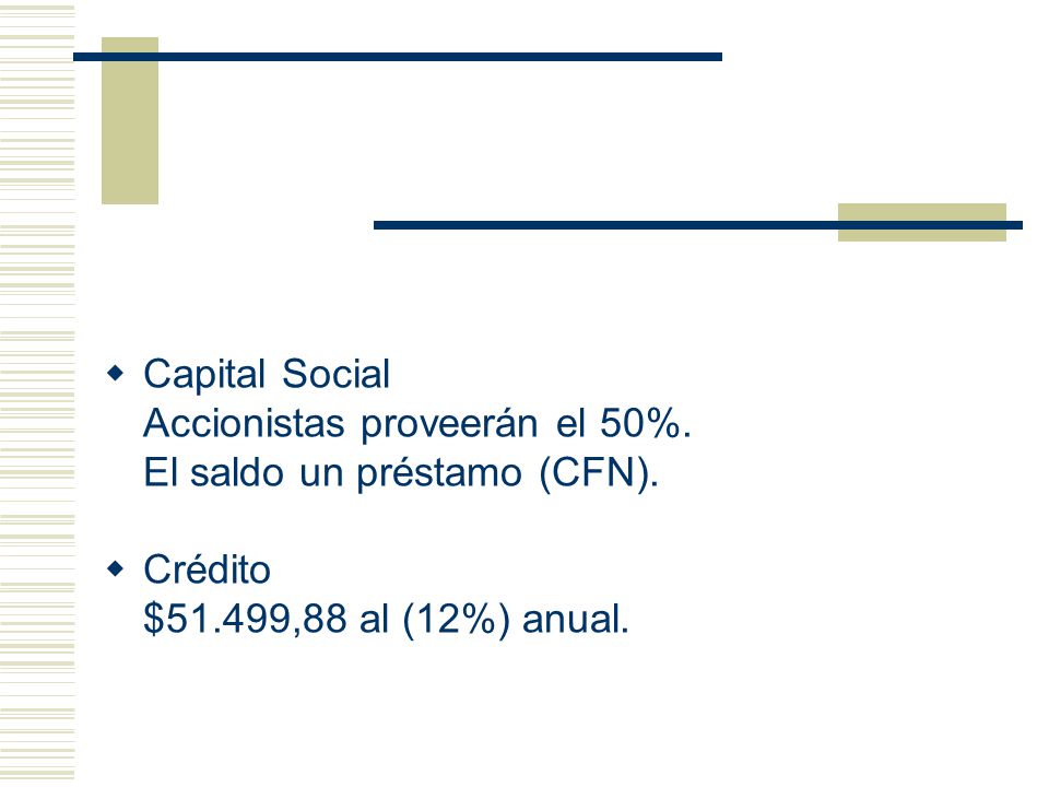 Capital Social Accionistas proveerán el 50%. El saldo un préstamo (CFN).