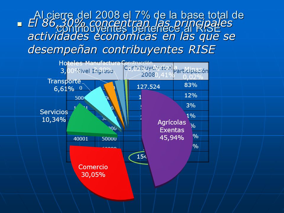 Al cierre del 2008 el 7% de la base total de contribuyentes pertenece al RISE