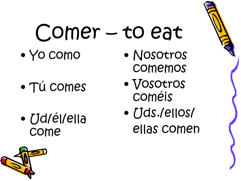 Comer – to eat Yo como Tú comes Ud/él/ella come Nosotros comemos