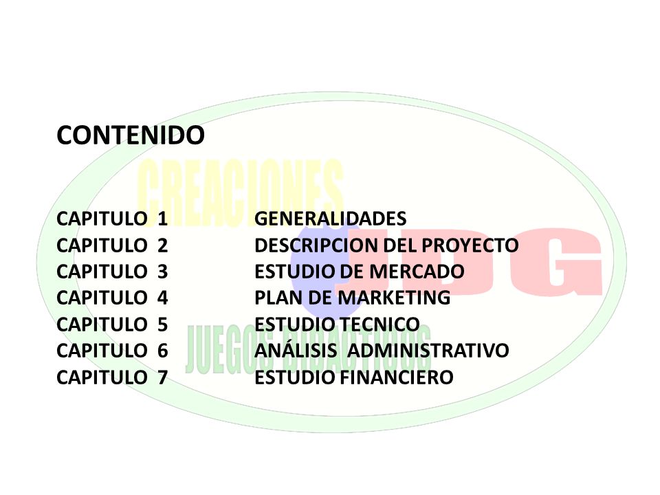 CONTENIDO CAPITULO 1 GENERALIDADES. CAPITULO 2 DESCRIPCION DEL PROYECTO. CAPITULO 3 ESTUDIO DE MERCADO.