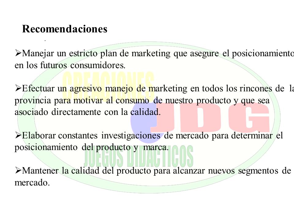Recomendaciones Manejar un estricto plan de marketing que asegure el posicionamiento en los futuros consumidores.