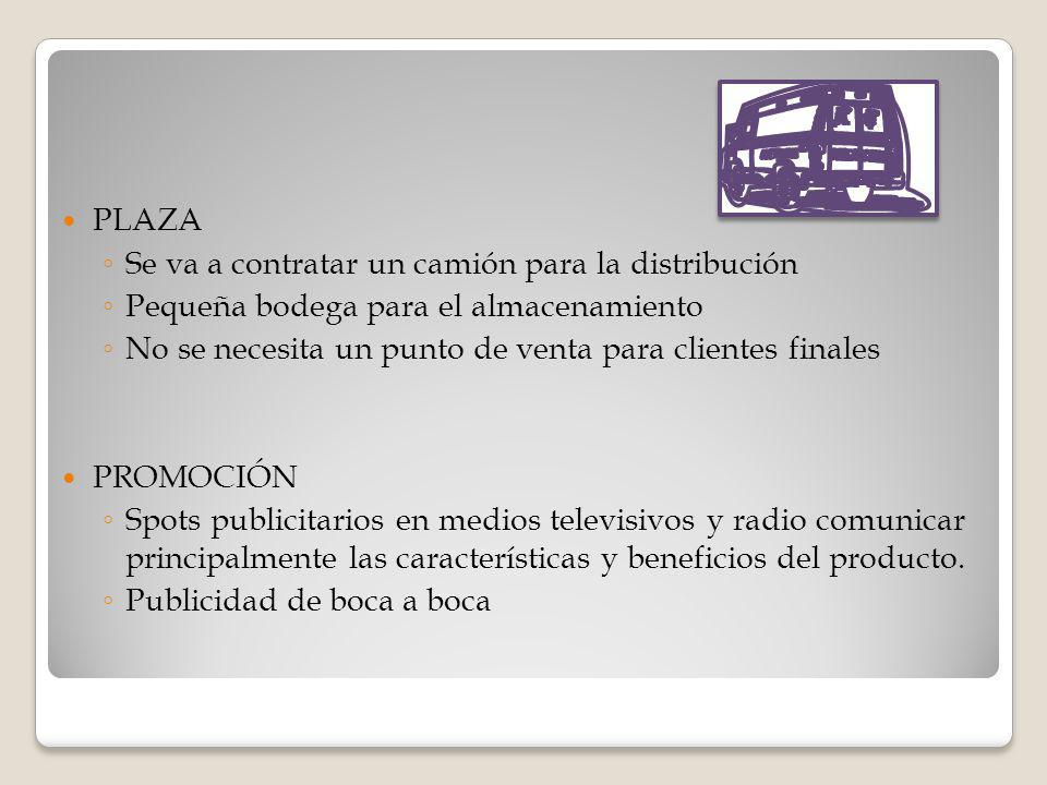 PLAZA Se va a contratar un camión para la distribución. Pequeña bodega para el almacenamiento.