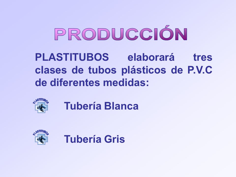 PRODUCCIÓN PLASTITUBOS elaborará tres clases de tubos plásticos de P.V.C de diferentes medidas: PLASTITUBOS.