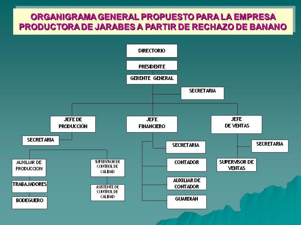 ORGANIGRAMA GENERAL PROPUESTO PARA LA EMPRESA PRODUCTORA DE JARABES A PARTIR DE RECHAZO DE BANANO