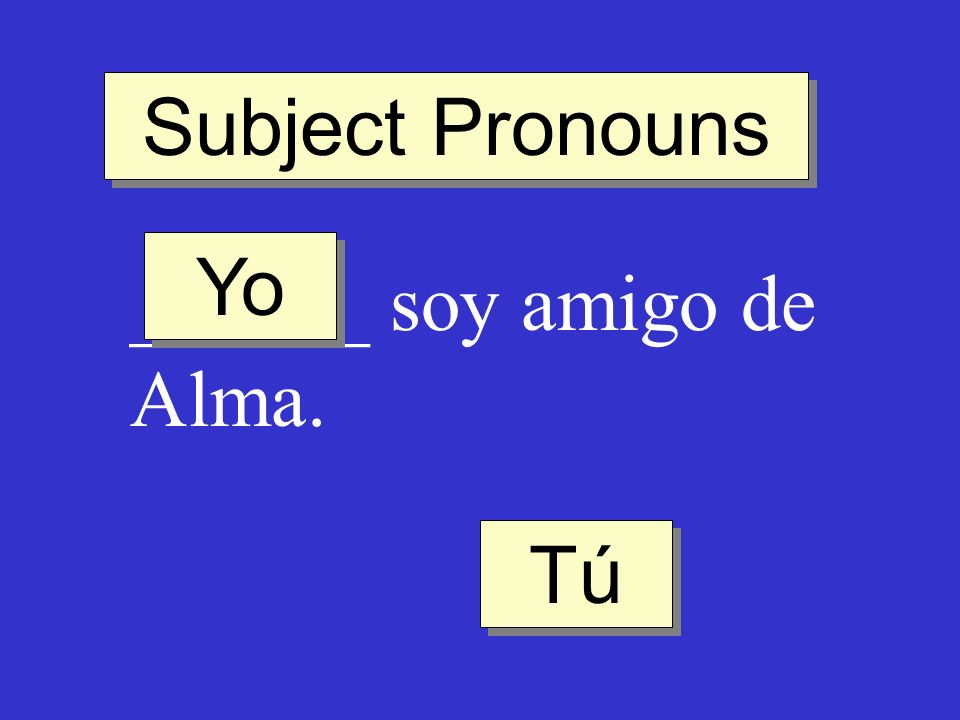Subject Pronouns Yo ______ soy amigo de Alma. Tú