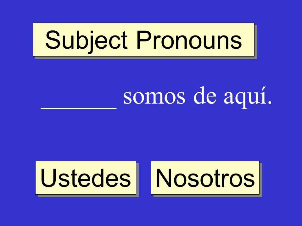 Subject Pronouns ______ somos de aquí. Ustedes Nosotros