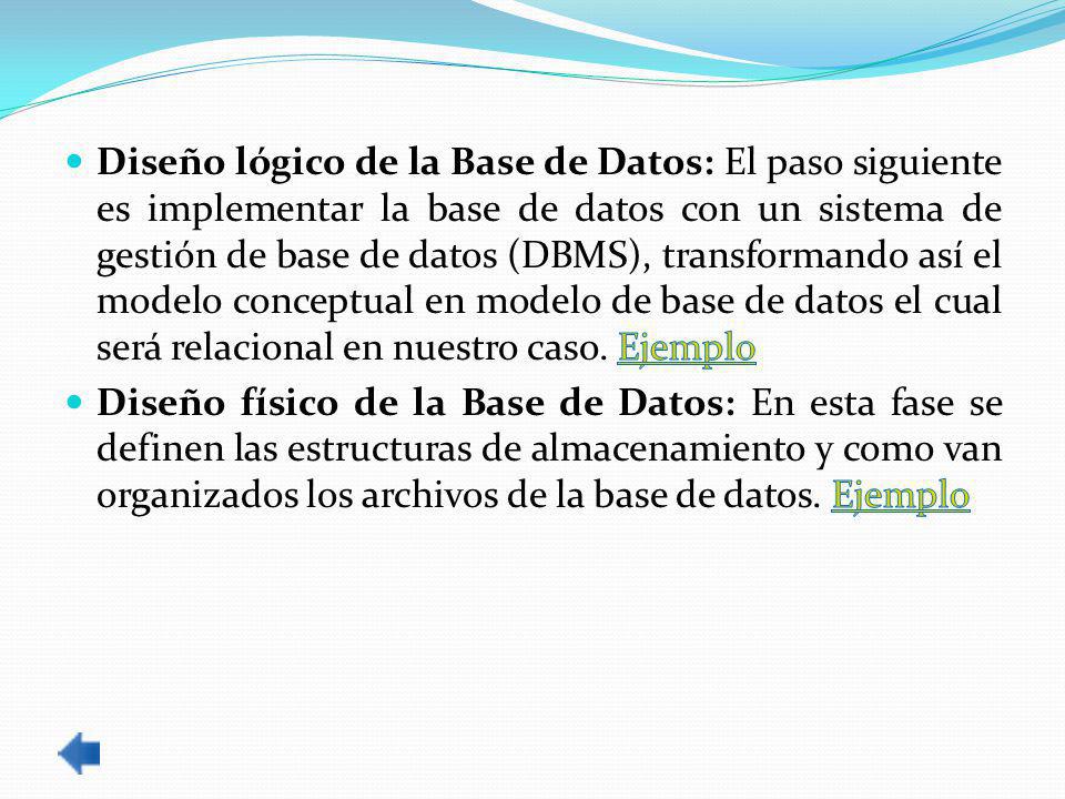Diseño lógico de la Base de Datos: El paso siguiente es implementar la base de datos con un sistema de gestión de base de datos (DBMS), transformando así el modelo conceptual en modelo de base de datos el cual será relacional en nuestro caso. Ejemplo