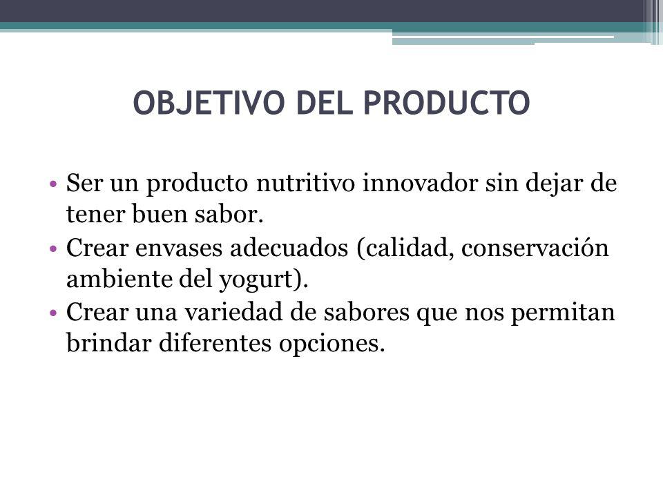 OBJETIVO DEL PRODUCTO Ser un producto nutritivo innovador sin dejar de tener buen sabor.