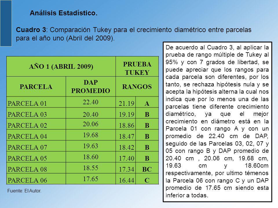AÑO 1 (ABRIL 2009) PRUEBA TUKEY PARCELA DAP PROMEDIO RANGOS A B BC C
